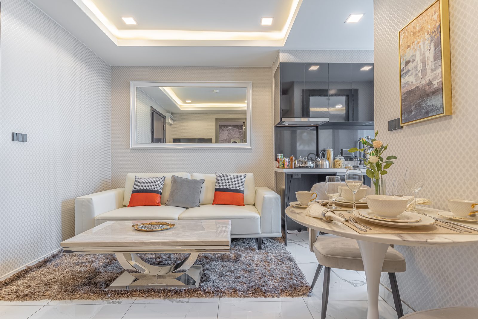 ห้องตัวอย่าง 1 ห้องนอน (1B-A, 29+ ตร.ม.) – ห้องนั่งเล่นและมุมรับประทานอาหาร