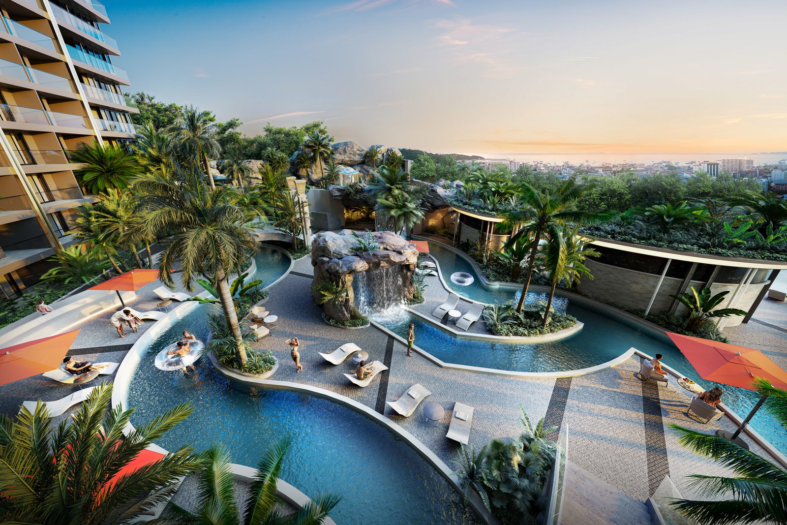 สวนและสระว่ายน้ำ พร้อมน้ำตกและ Lazy River