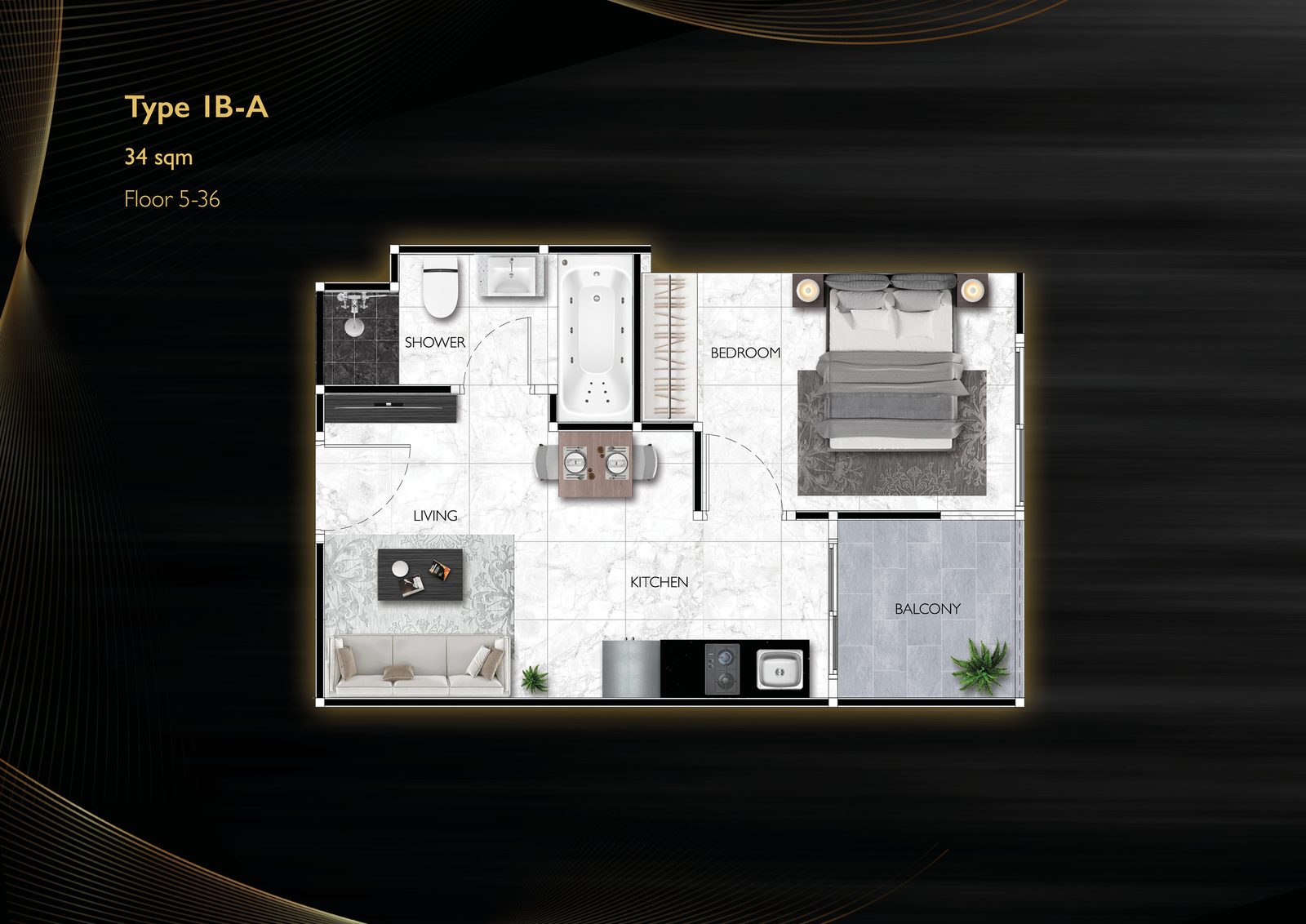 แบบห้อง 1 ห้องนอน Type 1B-A 34 ตร.ม.